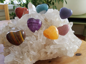 Crystals Heart Stones on Quartz Cluster